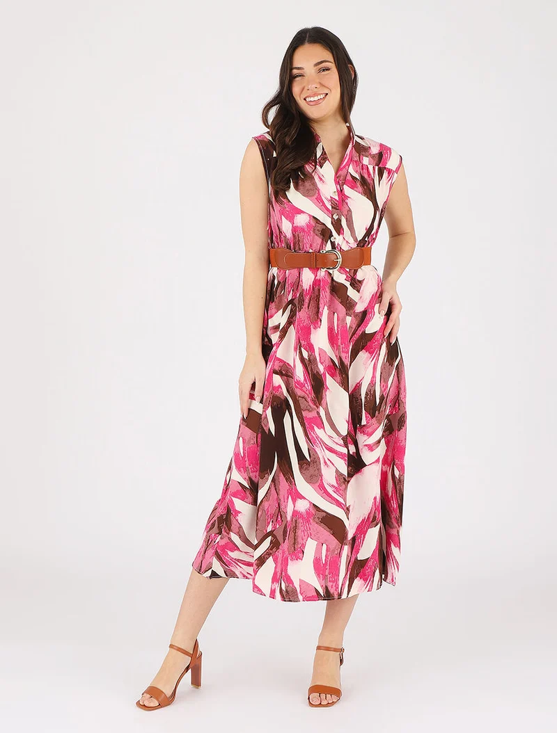 Robe évasée à boutons imprimé abstrait - Fuschia