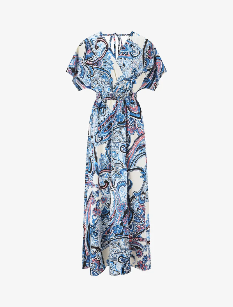 Robe longue manches courtes imprimé cachemire - Bleu