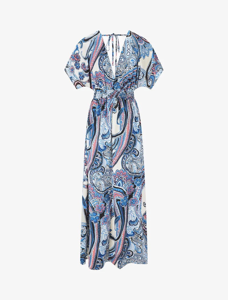 Robe longue manches courtes imprimé cachemire - Bleu