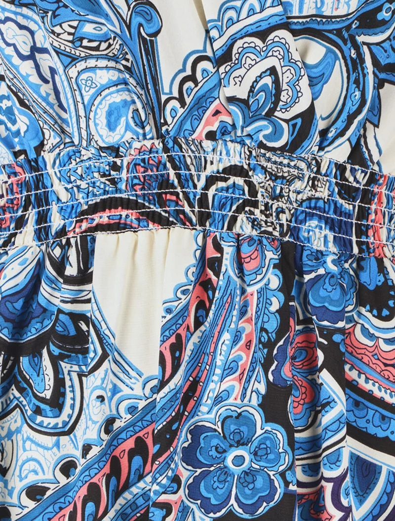Robe longue manches courtes imprimé cachemire - Bleu