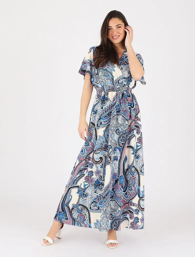 Robe longue manches courtes imprimé cachemire - Bleu