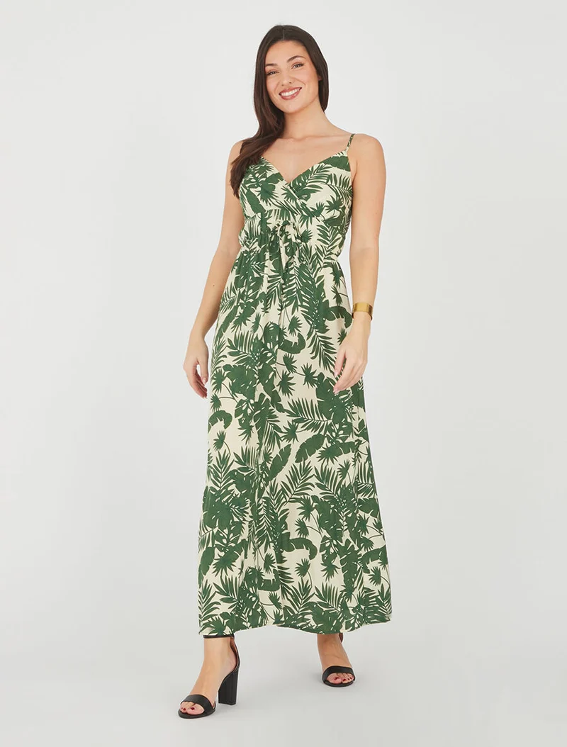 Robe longue imprimé feuillage - Beige