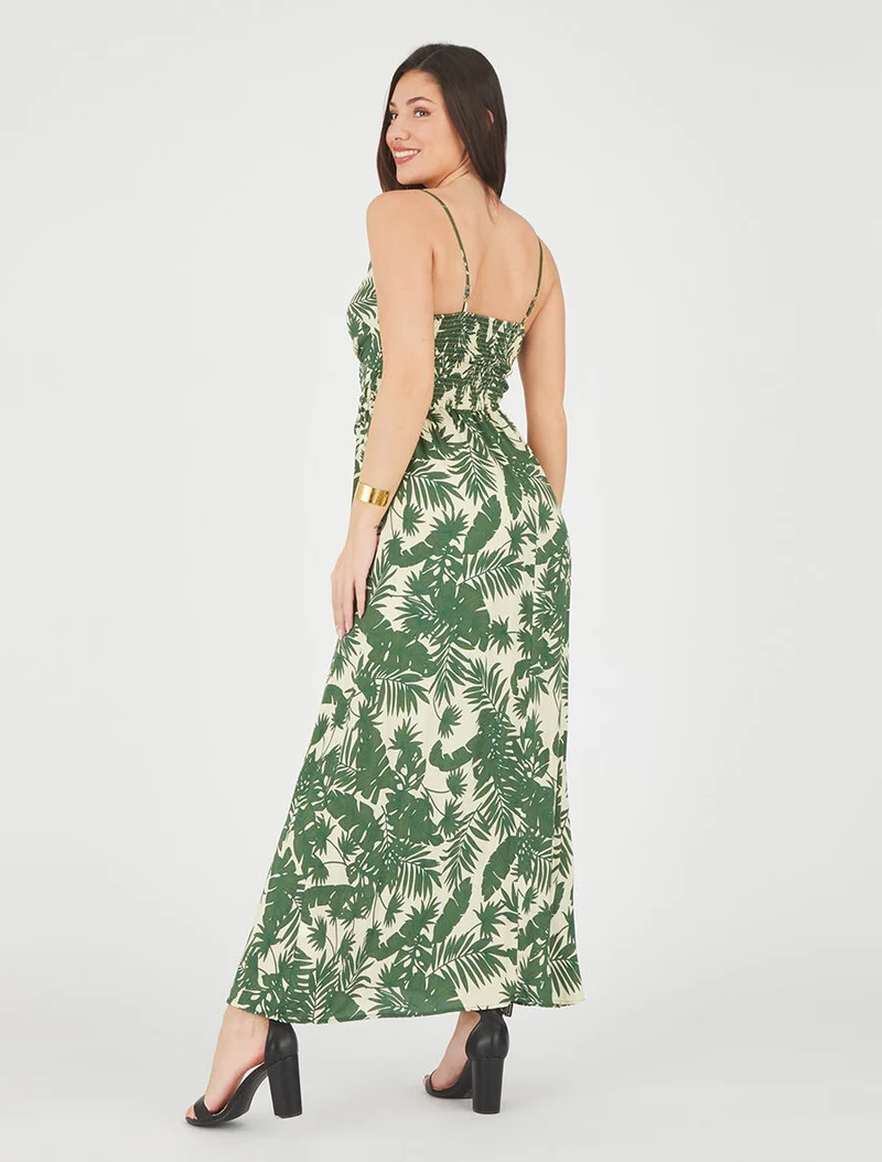 Robe longue imprimé feuillage - Beige