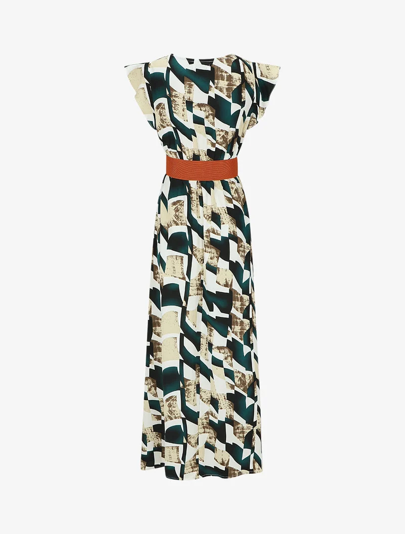 Robe imprimé graphique à manches courtes volantées - Vert