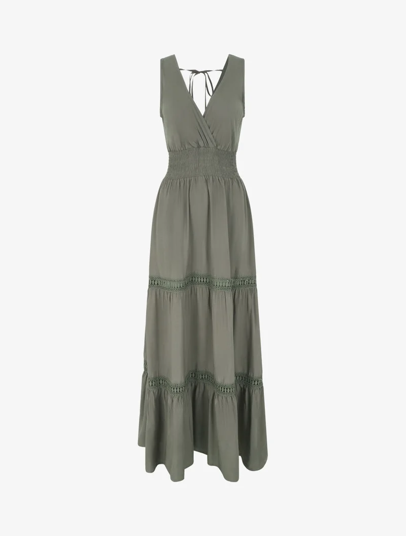 Robe longue élastiquée et liens à nouer - Kaki