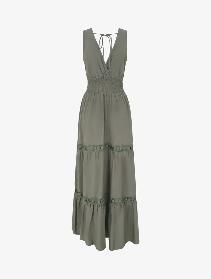 Robe longue élastiquée et liens à nouer - Kaki