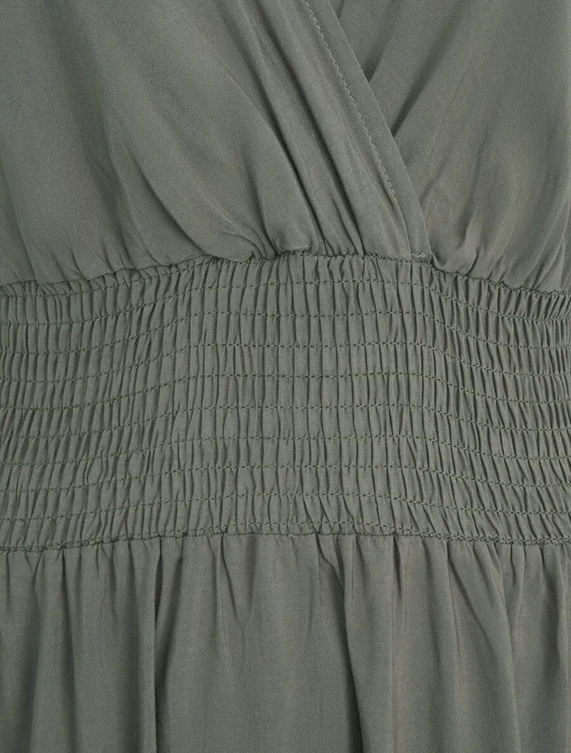 Robe longue élastiquée et liens à nouer - Kaki