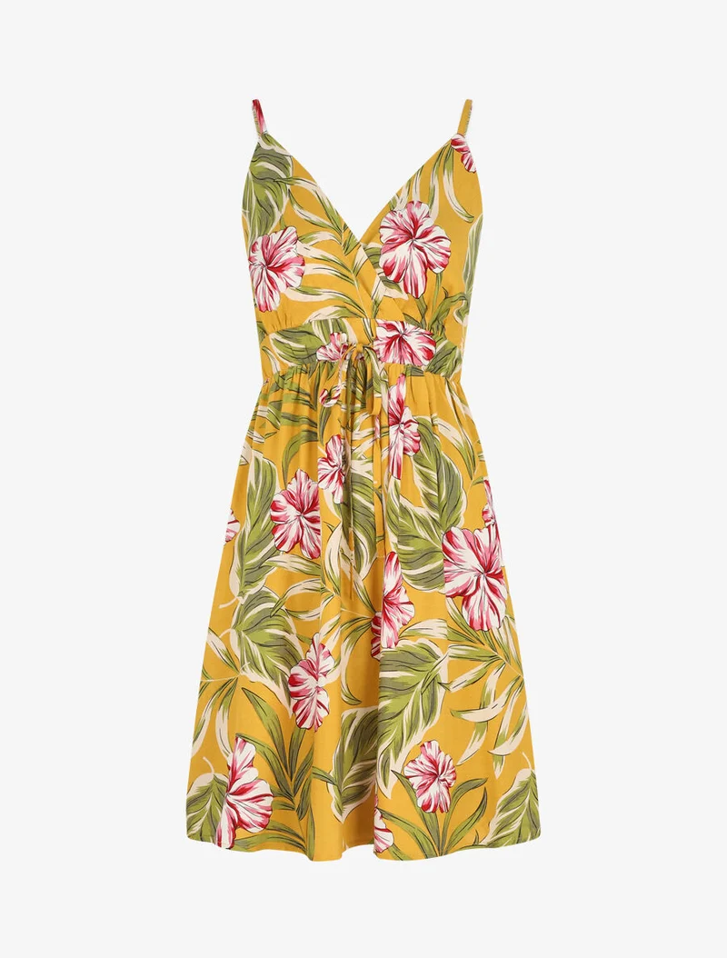 Robe mi-longue imprimé feuilles - Jaune