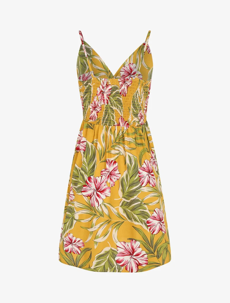 Robe mi-longue imprimé feuilles - Jaune