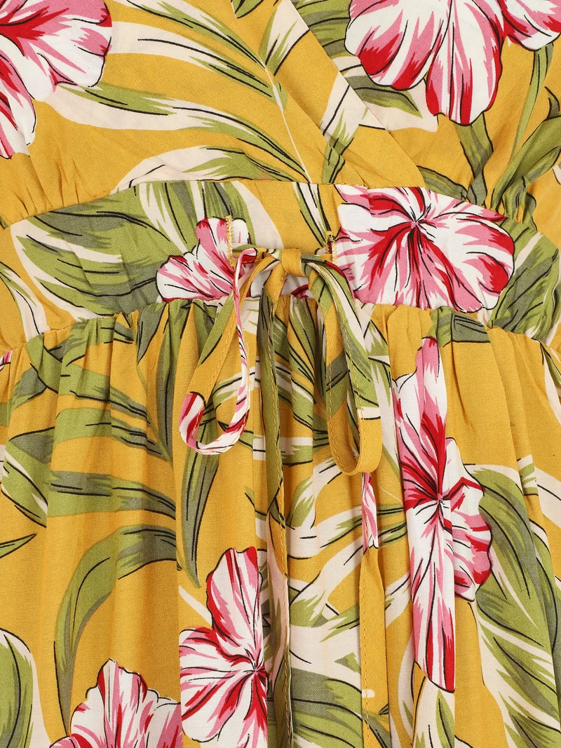 Robe mi-longue imprimé feuilles - Jaune