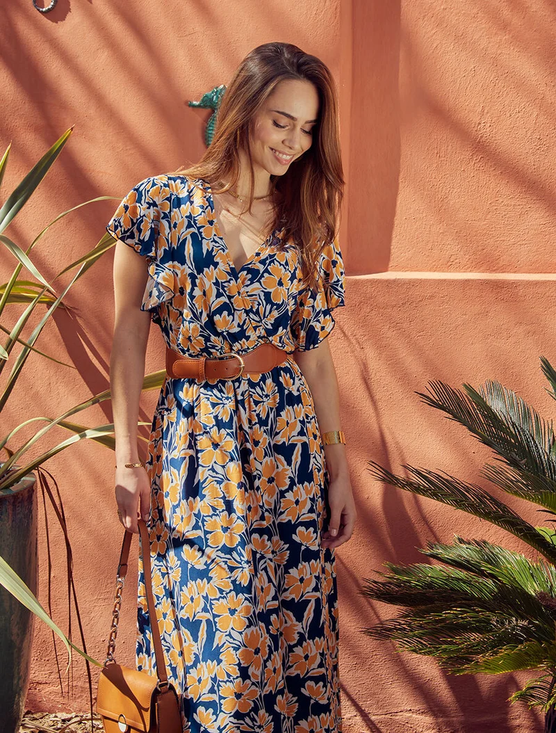 Robe longue empire à manches volantées - Marine