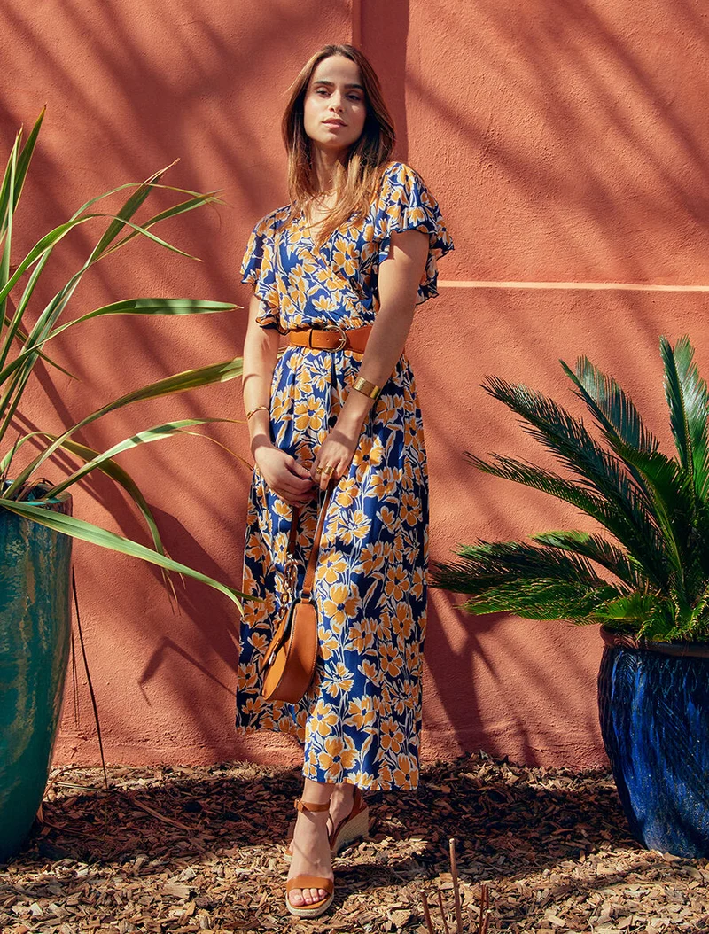 Robe longue empire à manches volantées - Marine