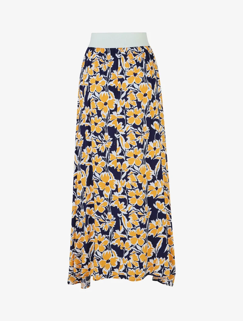 Jupe longue élastiquée à imprimé fleuri - Marine