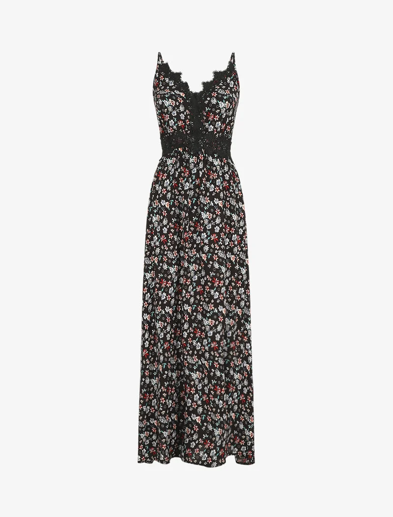 Robe longue à col dentelle et imprimé fleuri - Noir