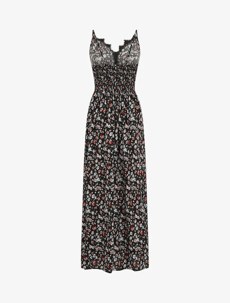 Robe longue à col dentelle et imprimé fleuri - Noir