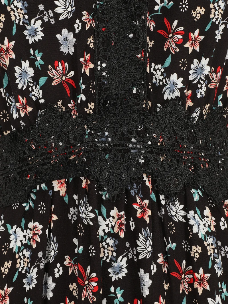 Robe longue à col dentelle et imprimé fleuri - Noir