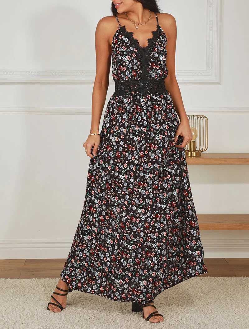 Robe longue à col dentelle et imprimé fleuri - Noir