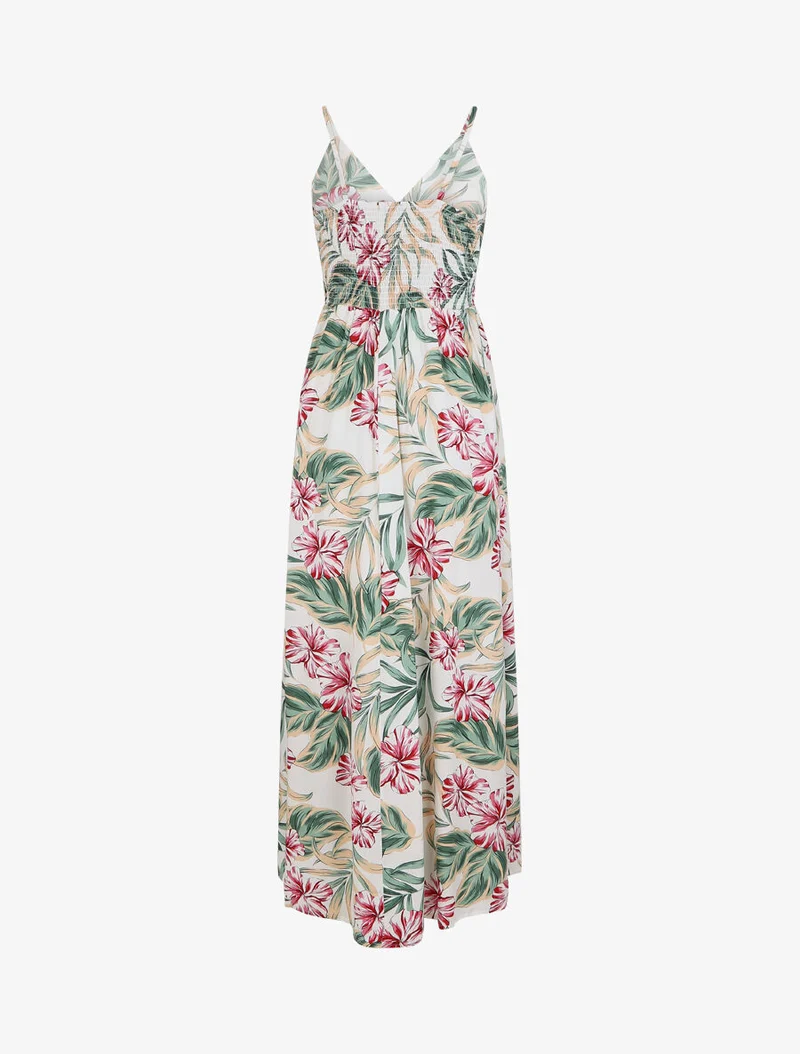 Robe longue empire imprimé fleurs des îles - Blanc