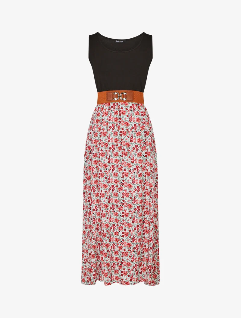 Robe bicolore à imprimé petites fleurs - Blanc