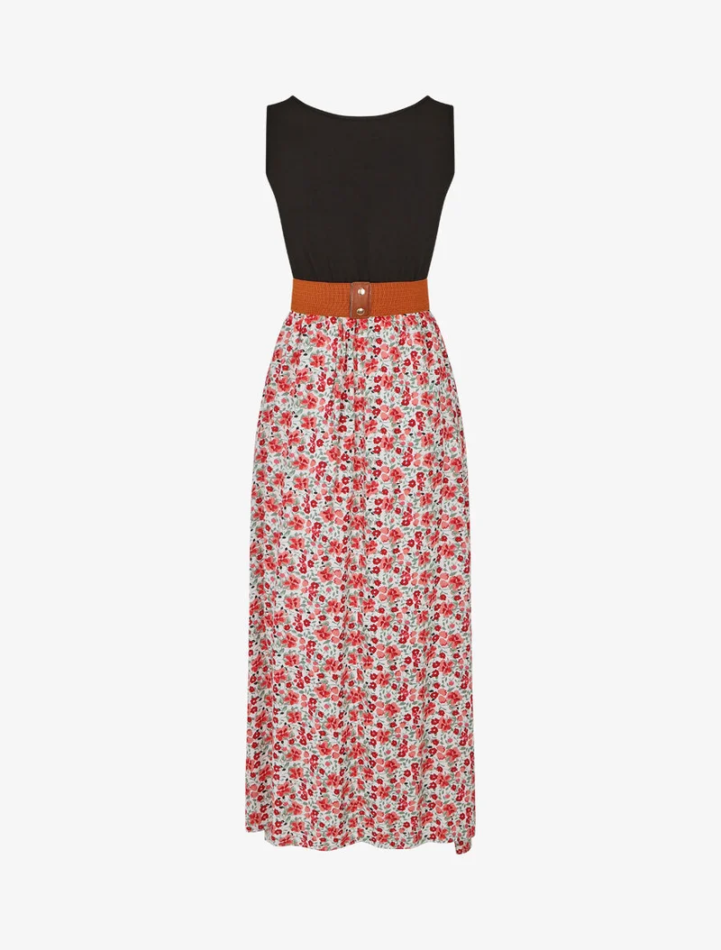 Robe bicolore à imprimé petites fleurs - Blanc