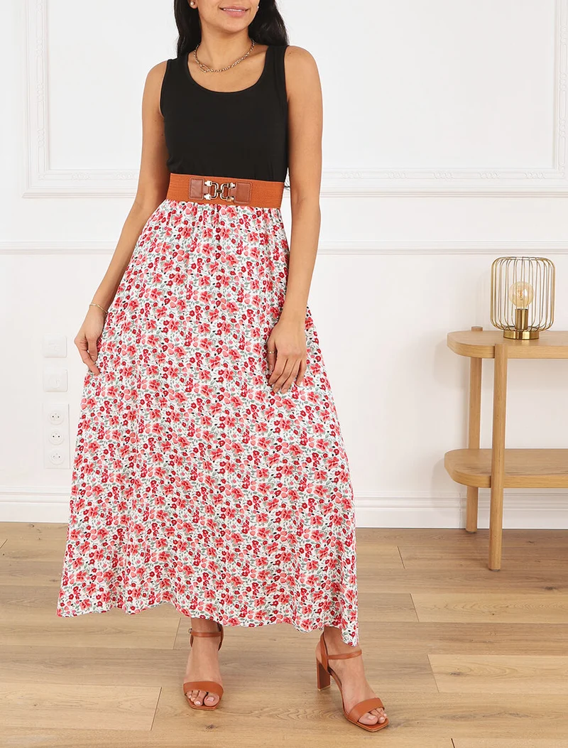 Robe bicolore à imprimé petites fleurs - Blanc