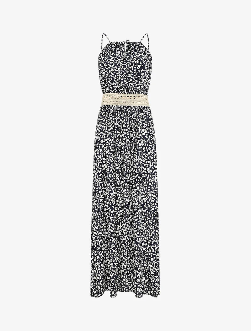 Robe longue à col américain et dentelle - Bleu nuit