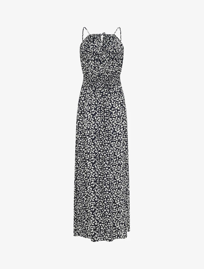 Robe longue à col américain et dentelle - Bleu nuit