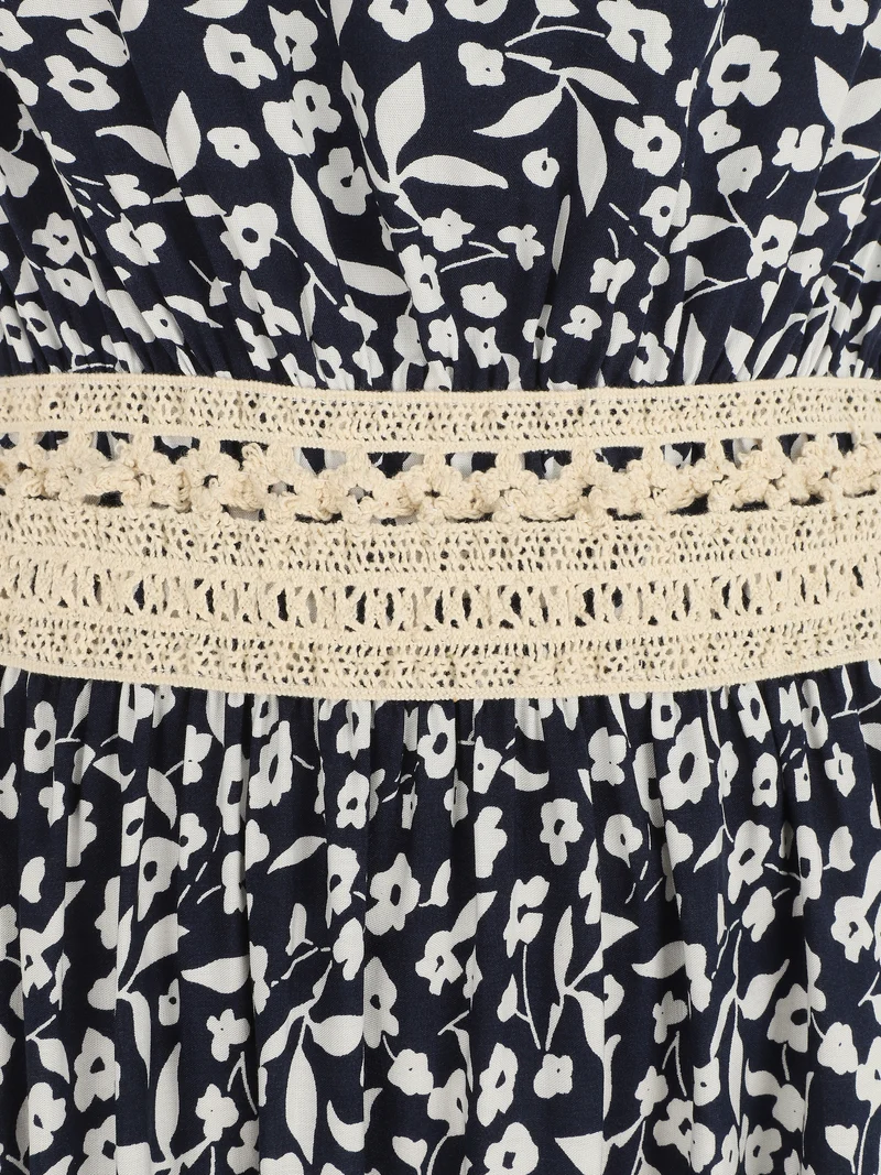 Robe longue à col américain et dentelle - Bleu nuit