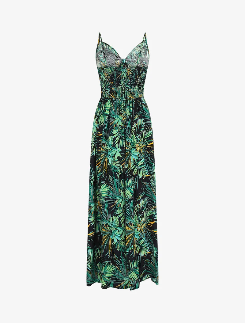 Robe longue imprimé feuillage et col à nouer - Bleu nuit
