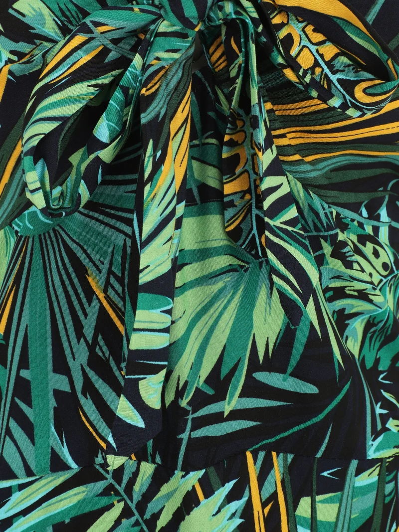 Robe longue imprimé feuillage et col à nouer - Bleu nuit