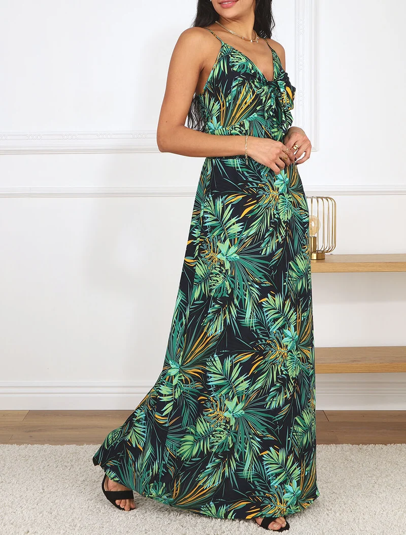 Robe longue imprimé feuillage et col à nouer - Bleu nuit