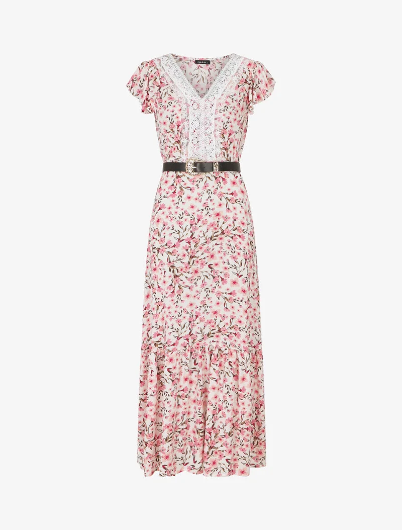 Robe longue élastiquée imprimé fleuri et broderies - Blanc