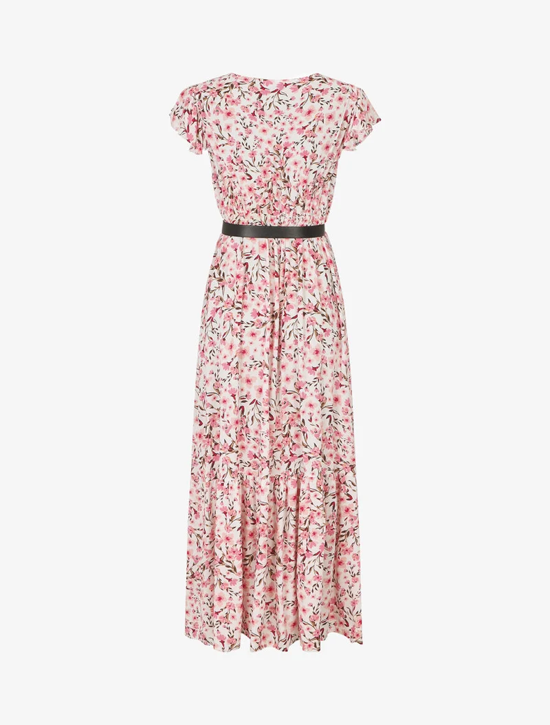 Robe longue élastiquée imprimé fleuri et broderies - Blanc