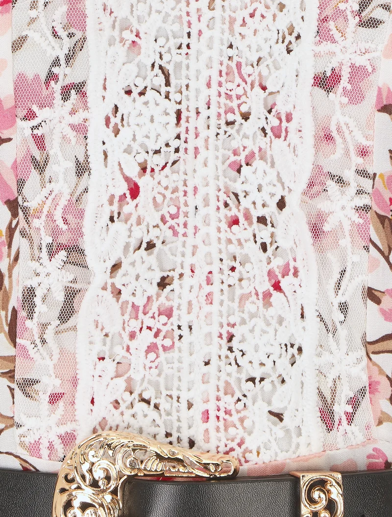 Robe longue élastiquée imprimé fleuri et broderies - Blanc