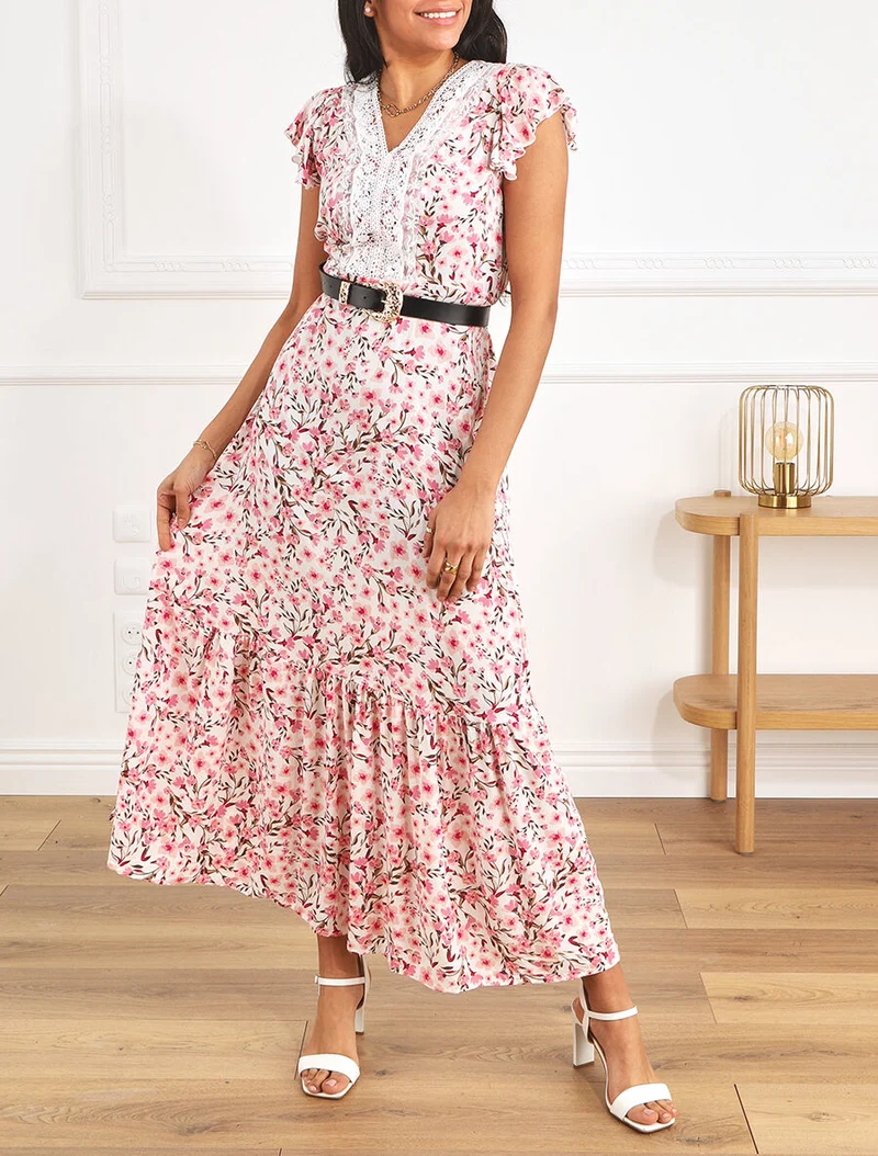Robe longue élastiquée imprimé fleuri et broderies - Blanc