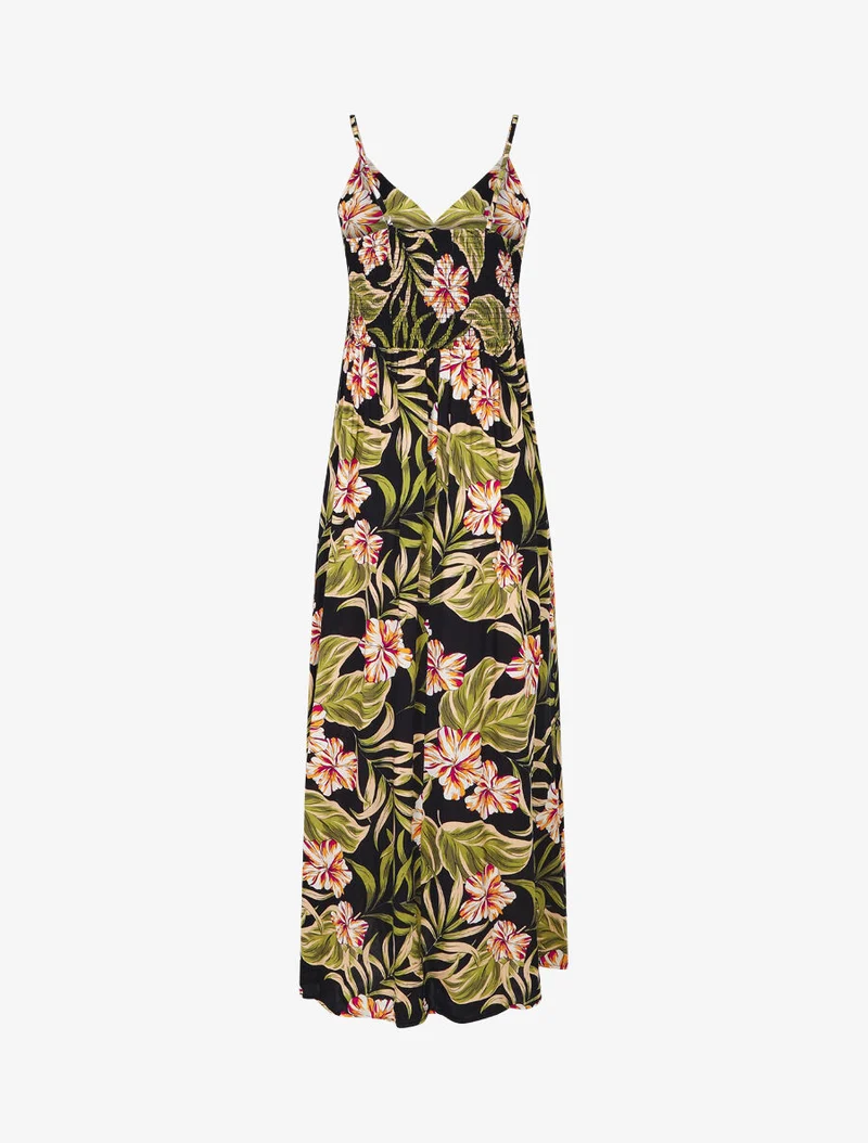 Robe longue empire imprimé fleurs des îles - Bleu nuit