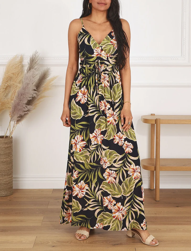 Robe longue empire imprimé fleurs des îles - Bleu nuit