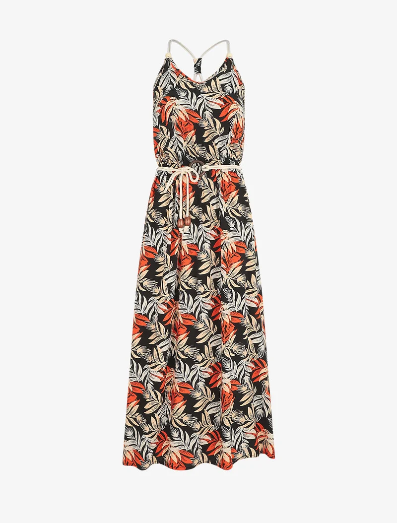 Robe longue empire à imprimé feuilles - Noir