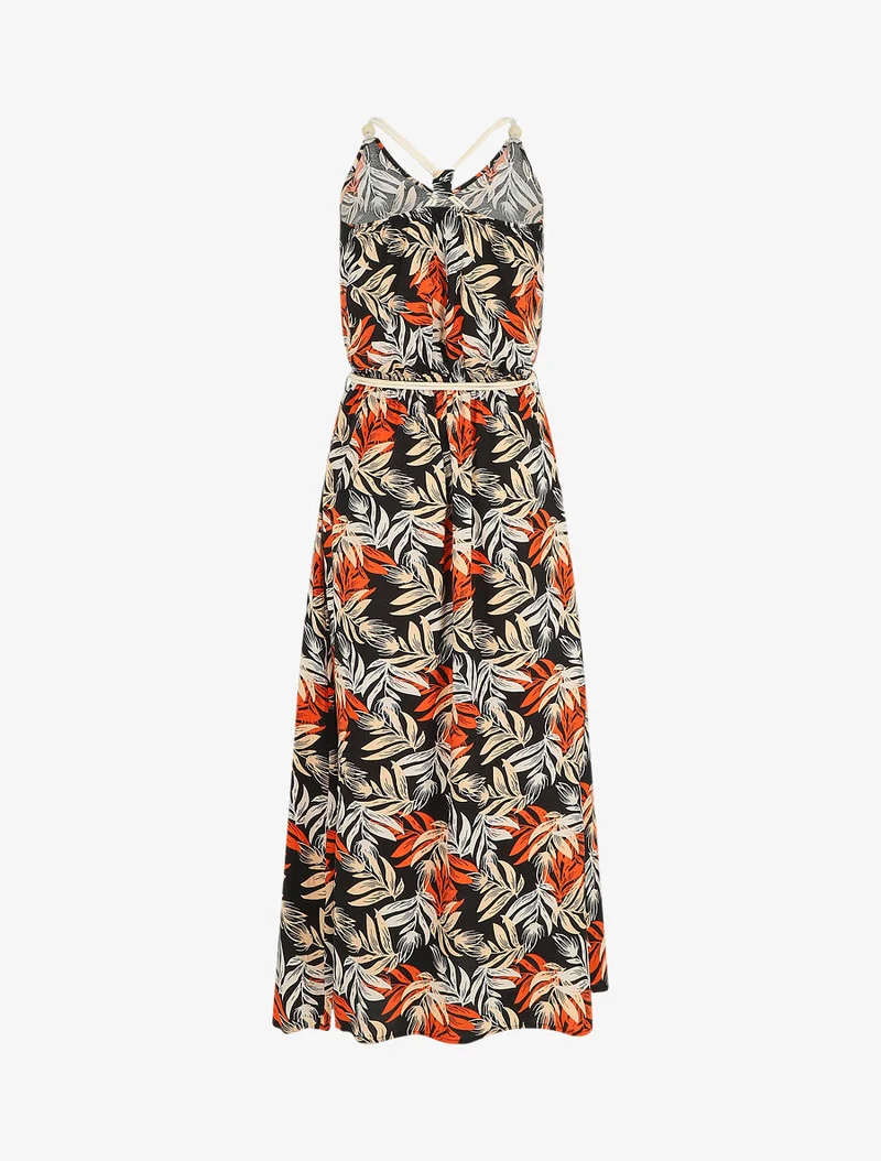 Robe longue empire à imprimé feuilles - Noir