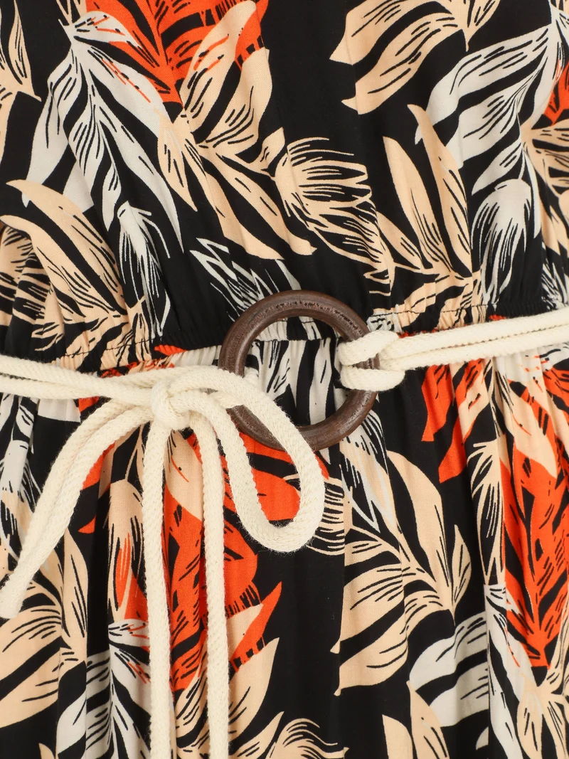 Robe longue empire à imprimé feuilles - Noir