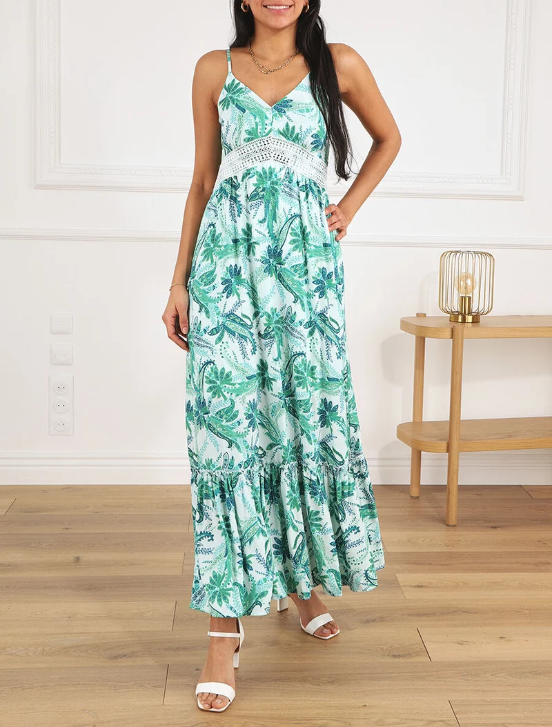 Robe imprimé foulard à base volantée - Vert