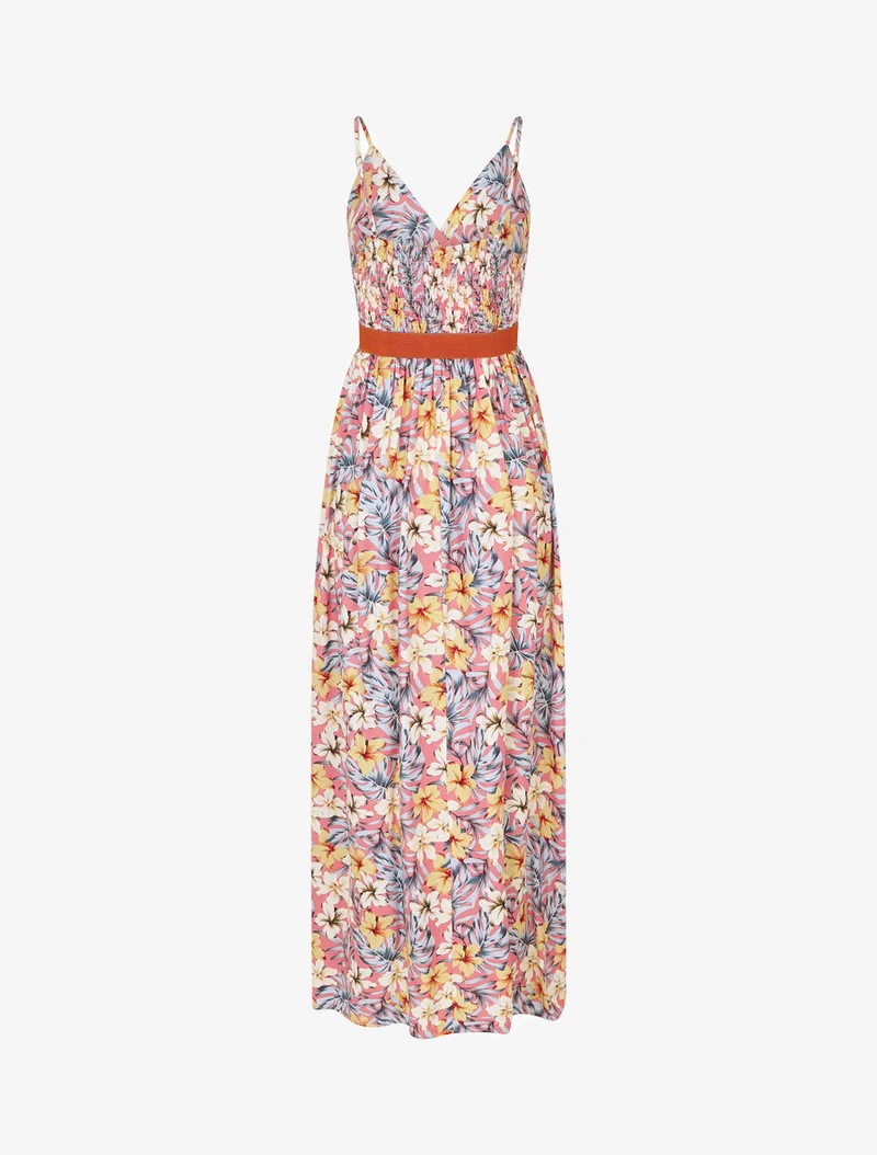 Robe longue empire imprimé floral - Rose saumon
