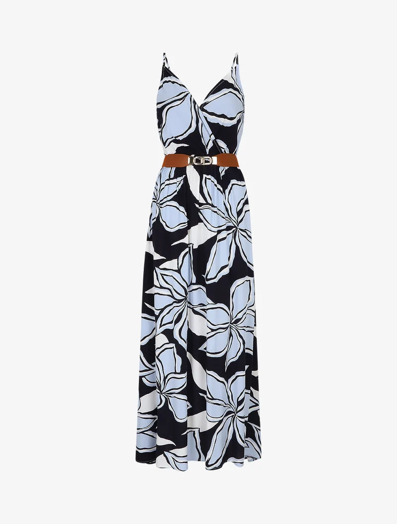 Robe longue à imprimé grandes fleurs - Marine