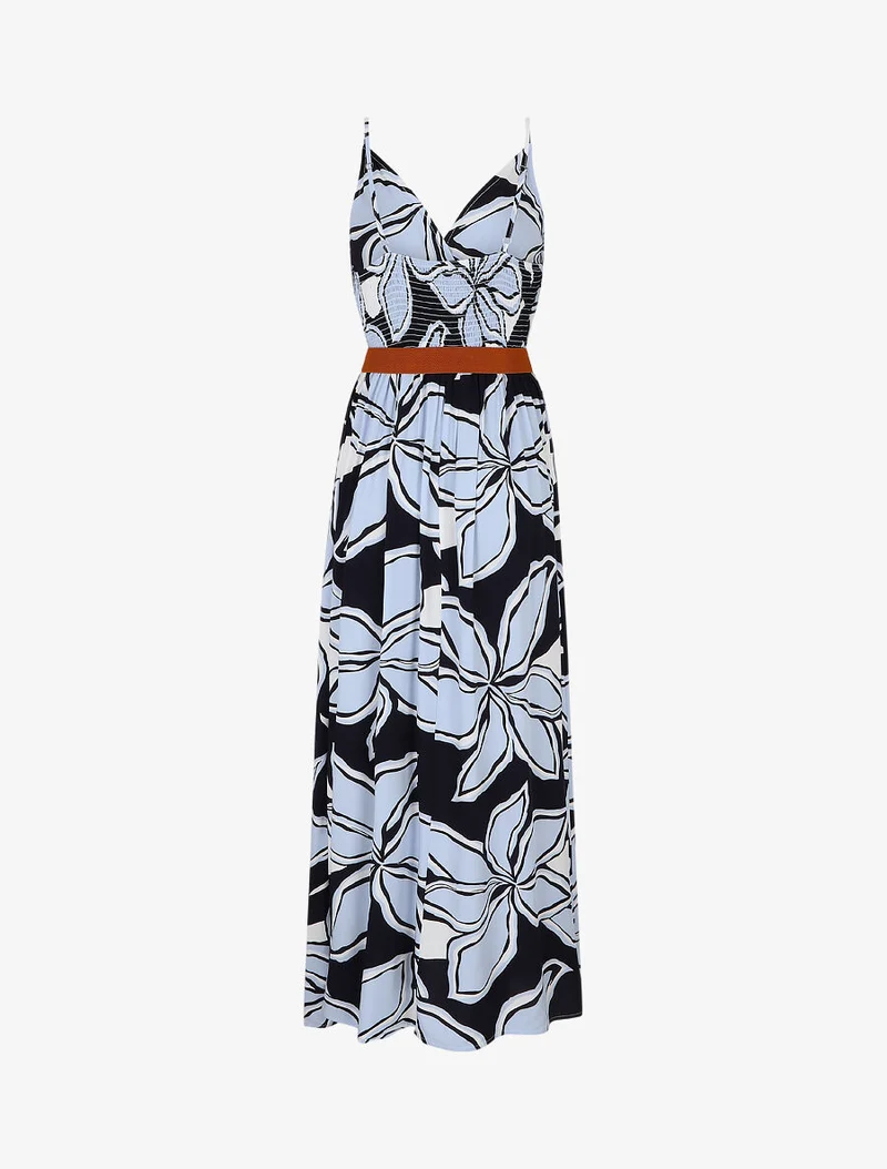 Robe longue à imprimé grandes fleurs - Marine