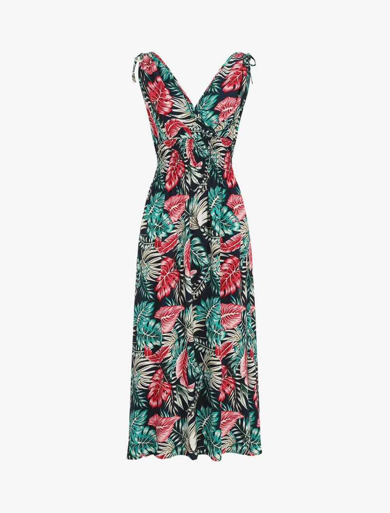 Robe longue élastiquée à imprimé feuilles - Bleu nuit