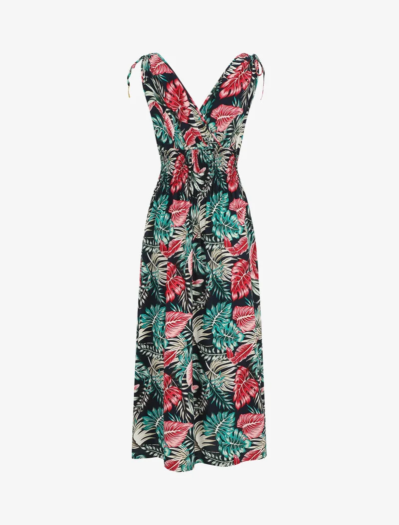 Robe longue élastiquée à imprimé feuilles - Bleu nuit