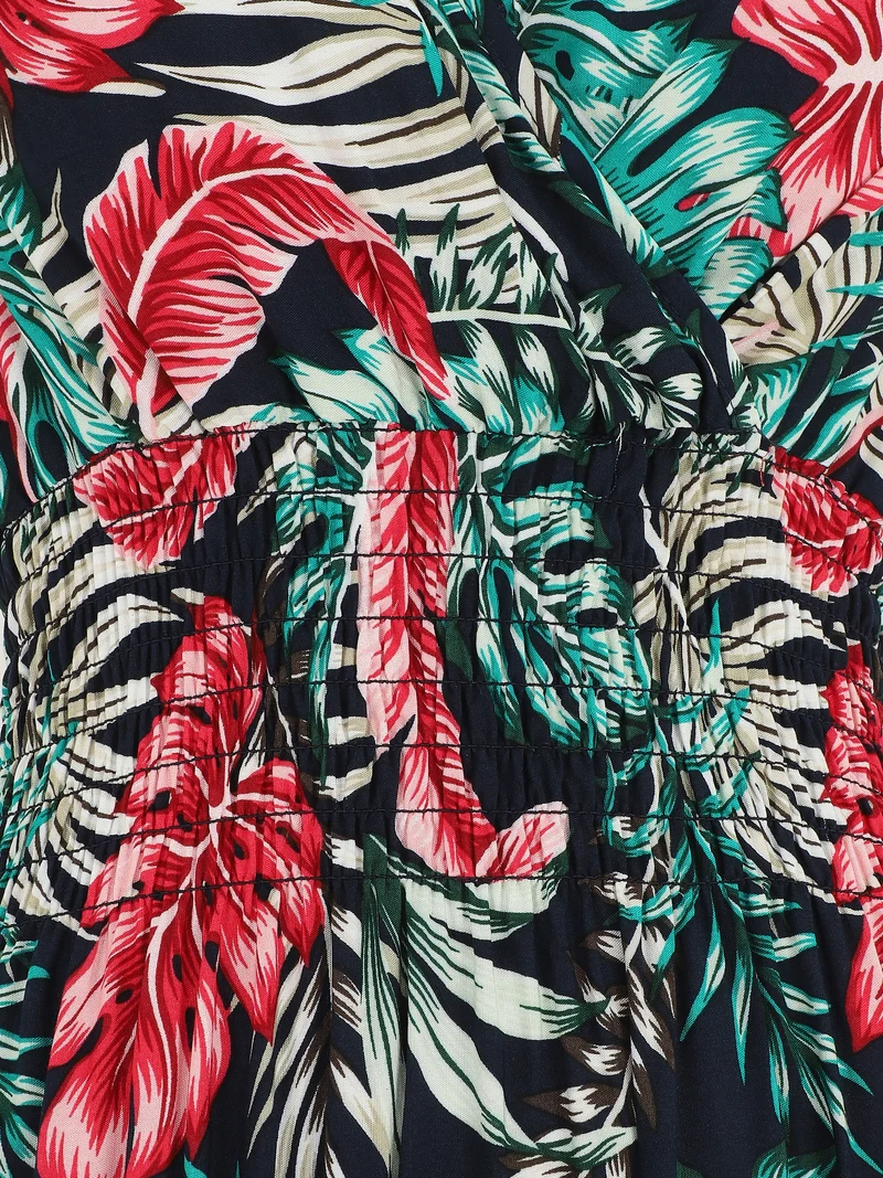 Robe longue élastiquée à imprimé feuilles - Bleu nuit