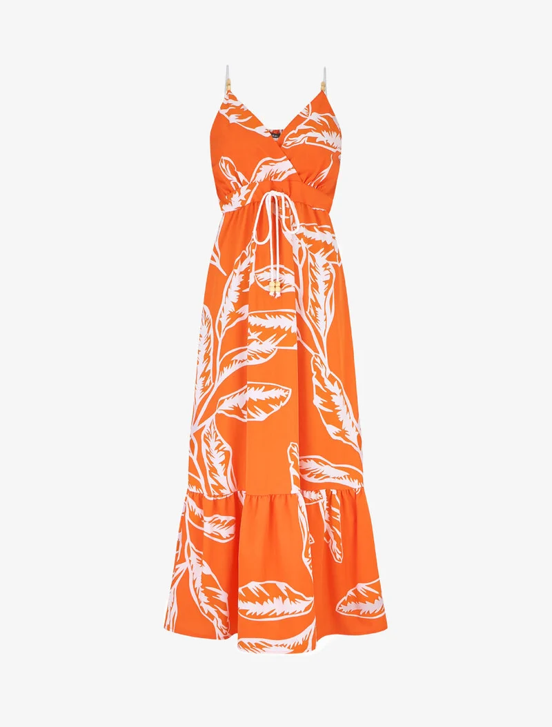Robe à bretelles style cordes imprimé grandes feuilles - Orange