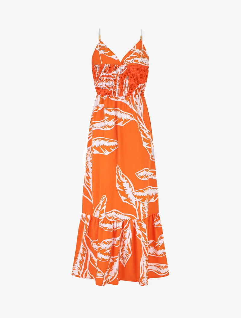 Robe à bretelles style cordes imprimé grandes feuilles - Orange