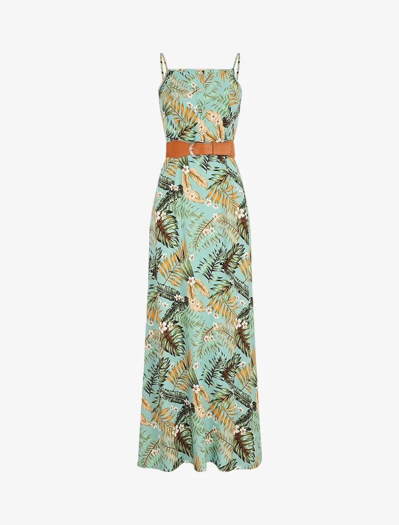 Robe longue droite à imprimé feuillage - Vert d'eau